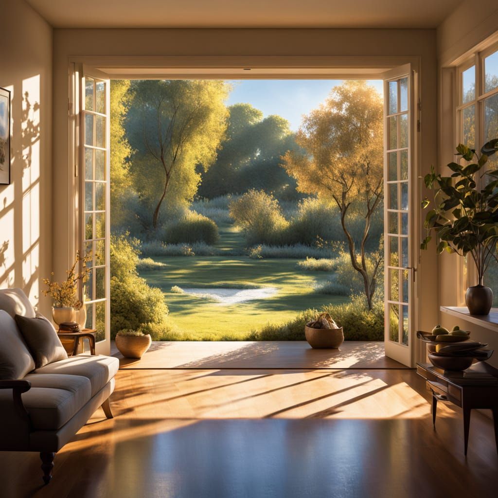 Interior view from a cozy home in the late afternoon, and the scene of the outdoor view, with doors opened version.