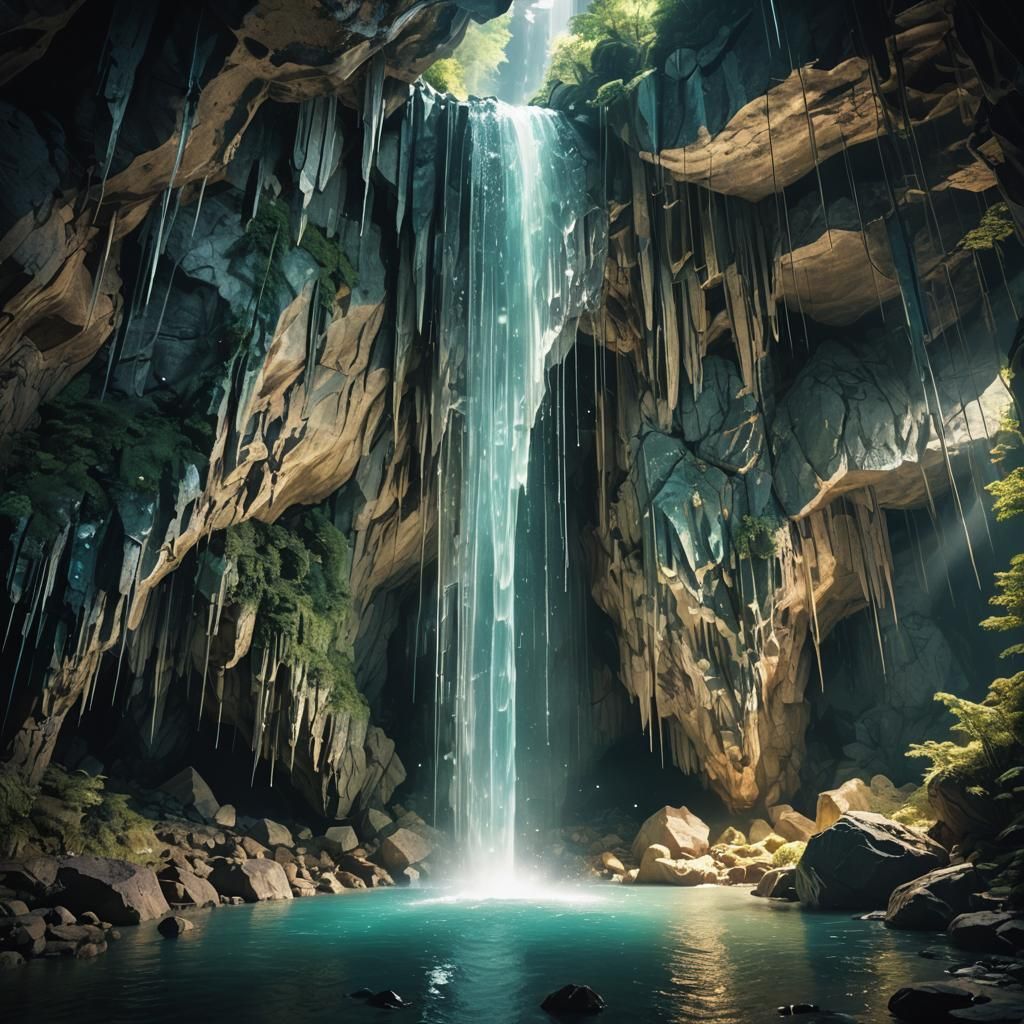 Luminescent Cave Crystal Waterfall: Anime-Inspired 3D Art