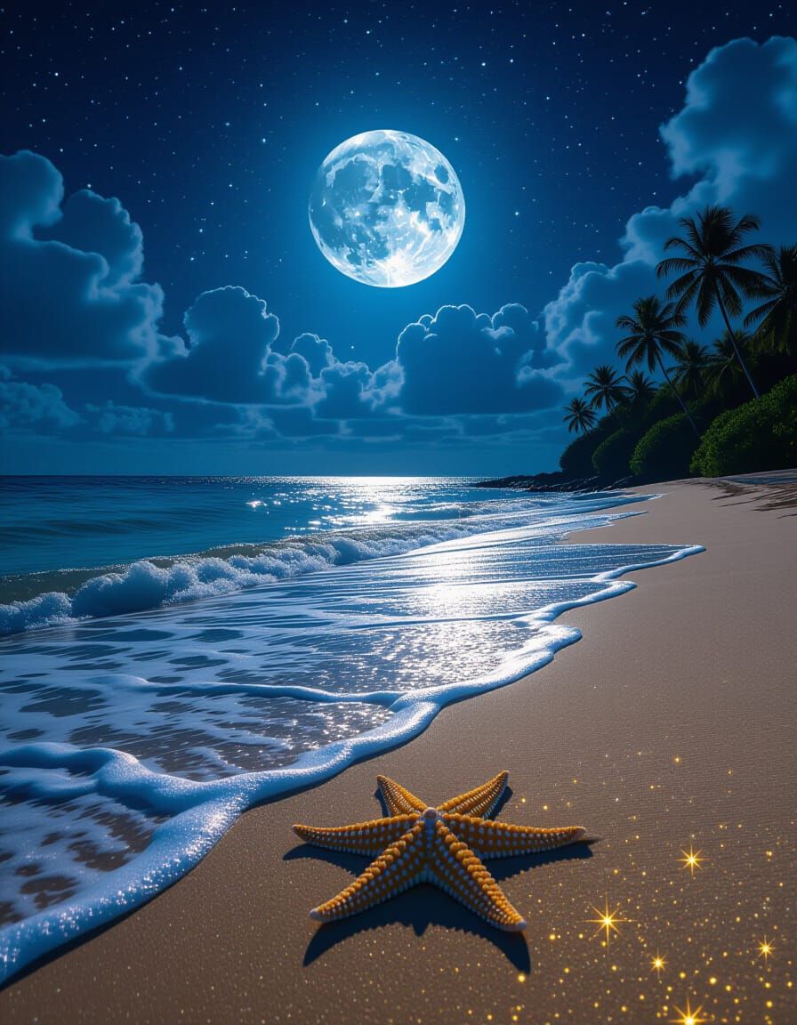 Moonlit Beach Starfish Amidst Starry Night and Rough Seas