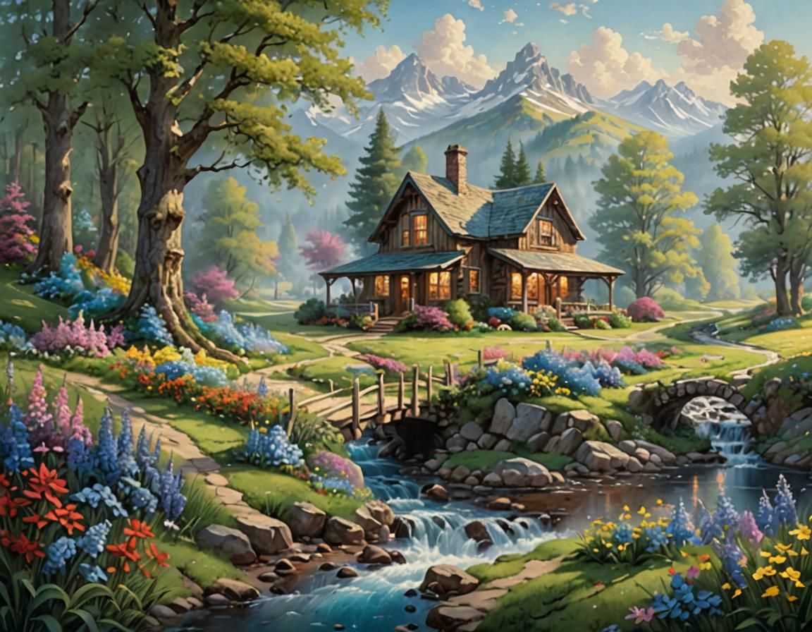 Cabin by Stream: Ethereal Fantasy Landscape
