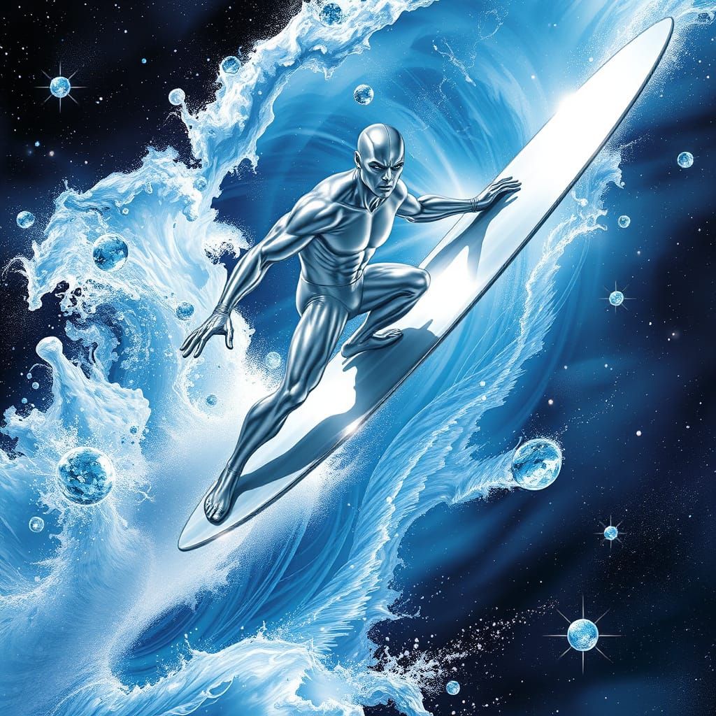 Silver Surfer Riding Cosmic Waves of Iridescent Space Partic...