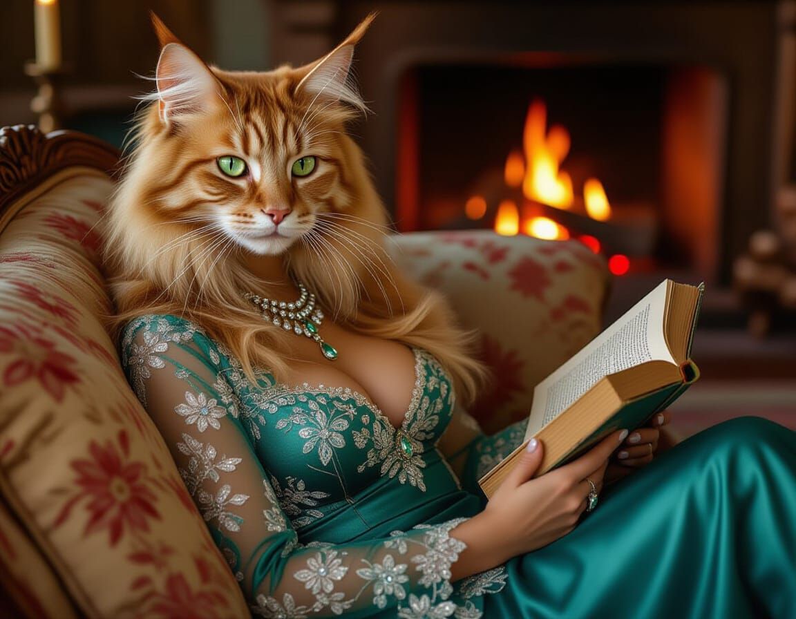 Photorealistic Feline Woman in Teal Silk Dress Reading Book