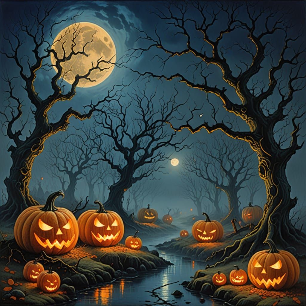Spooky Halloween Landscape Oil Painting