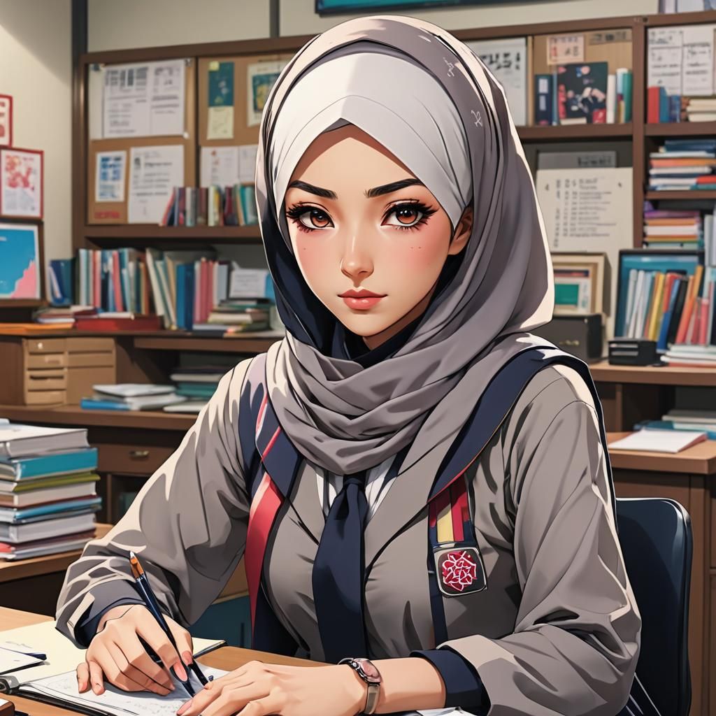 Anime Hijabi Girl in School Uniform Illustration