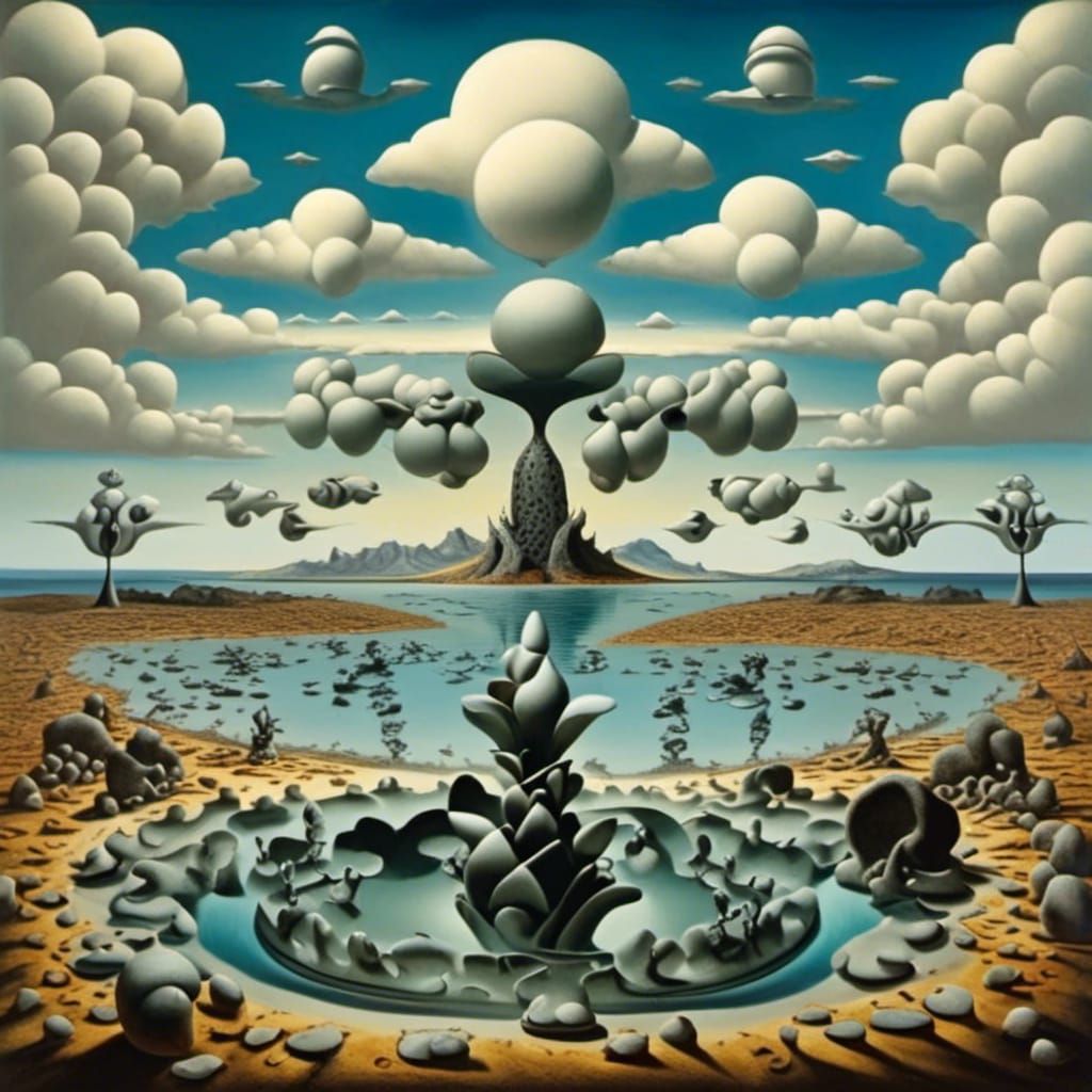 Surreal Landscape with Elastic Flora and Metallic Sky
