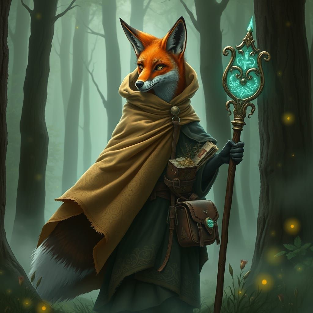 Mystical Fox Wizard in a Dreamlike Forest Landscape