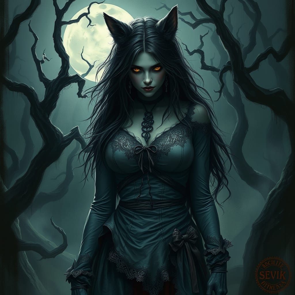 Ethereal Gothic She-Werewolf in Moonlit Forest