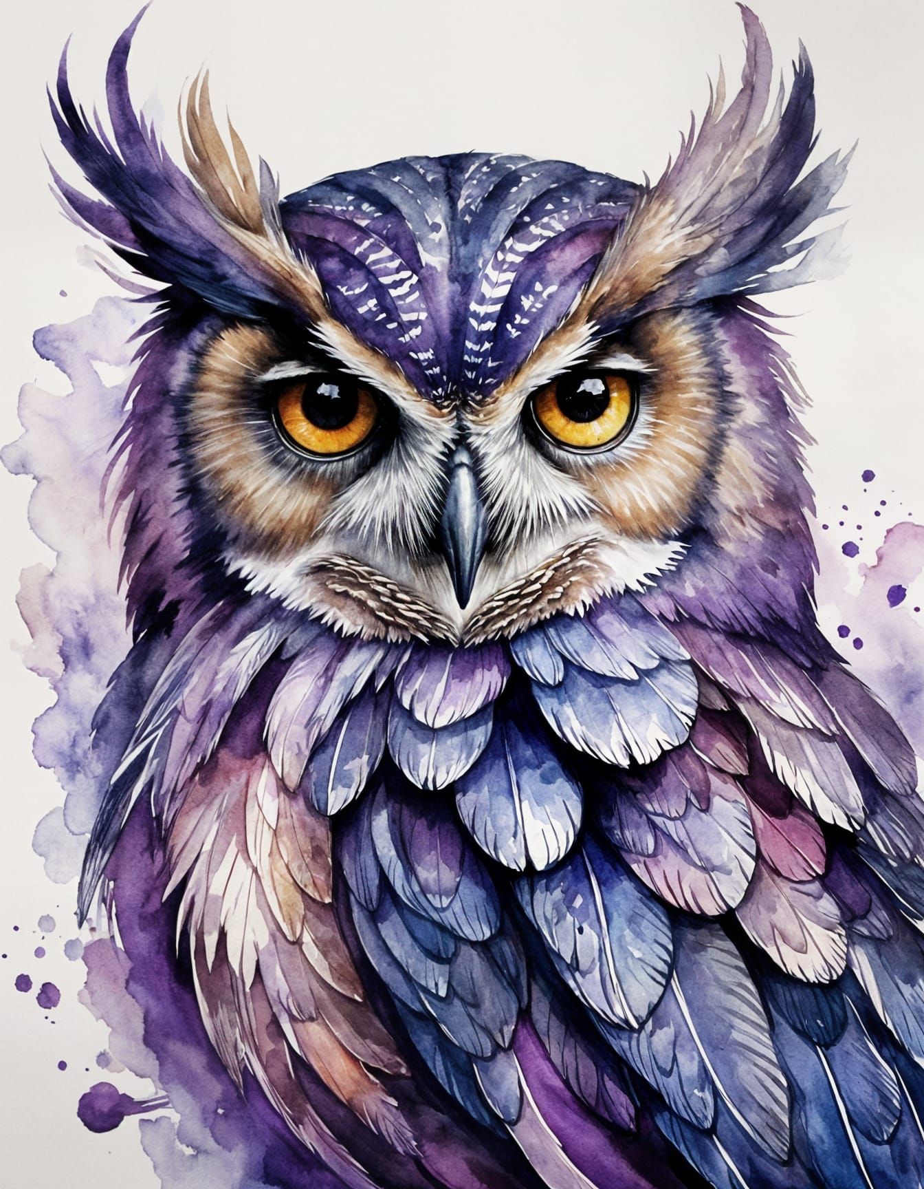 Vibrant Watercolor Owl in Whimsical Purple Hues