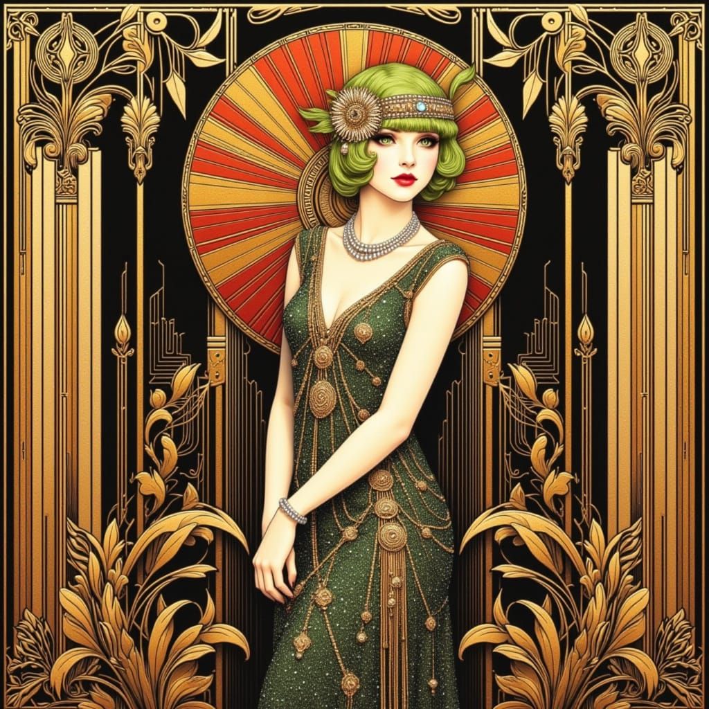 Art Nouveau Green Cat in Flapper Dress