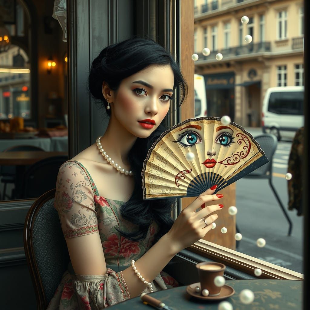 Ethereal Cafe Scene with Woman and Fan