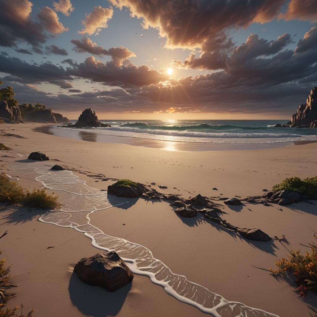 Sunset Over Beach in Detailed Matte Painting