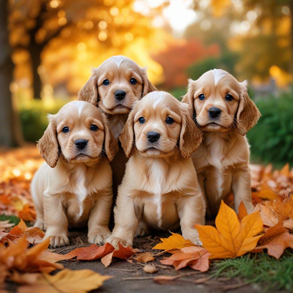 Adorable Cocker Spaniel Puppies Play Among Autumn Leaves