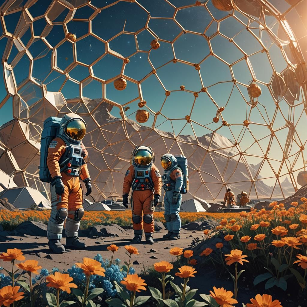 Lunar Greenhouse: Men Tend Flowers in Dome