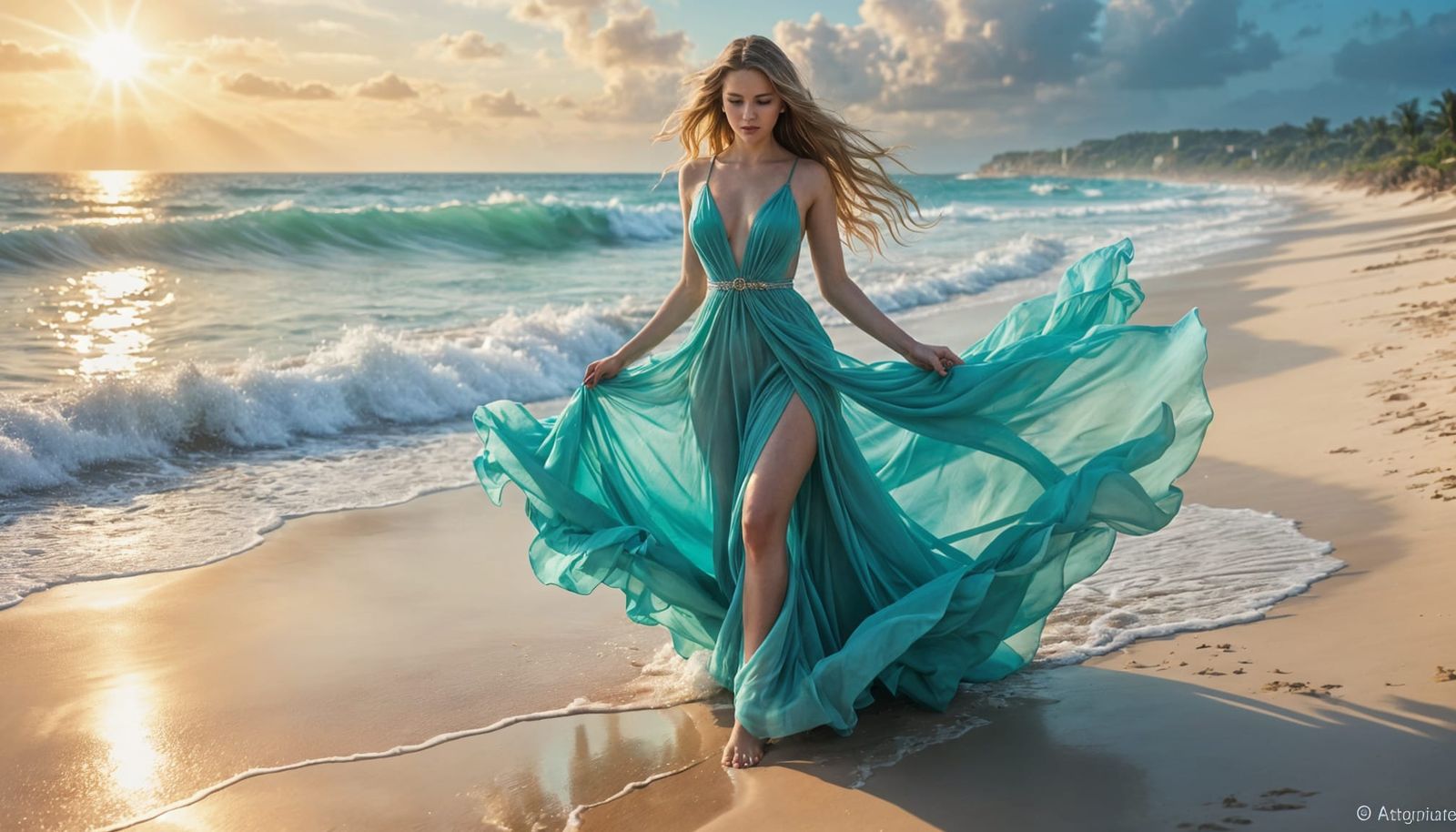 Woman in Turquoise Gown on White Sand Beach