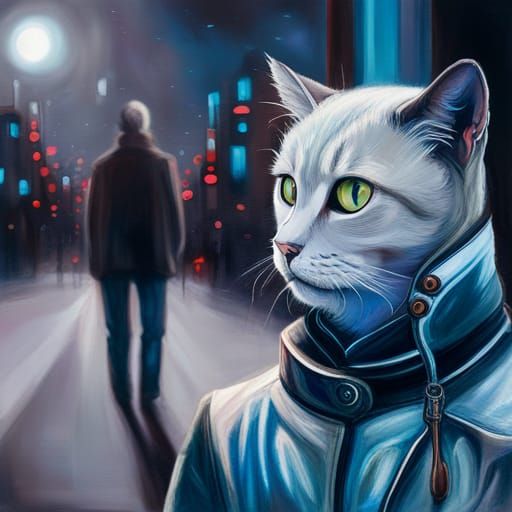 Cyberpunk Cat-Person in a Detailed Oil Painting
