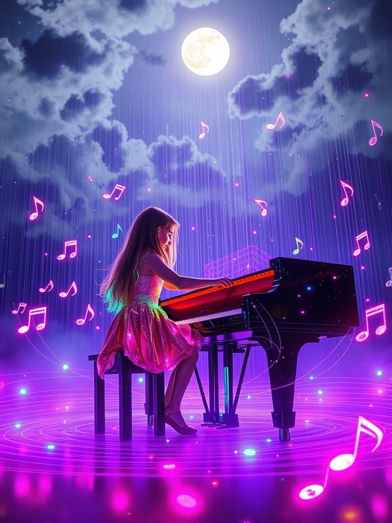 Child Plays Piano Under Bioluminescent Rain
