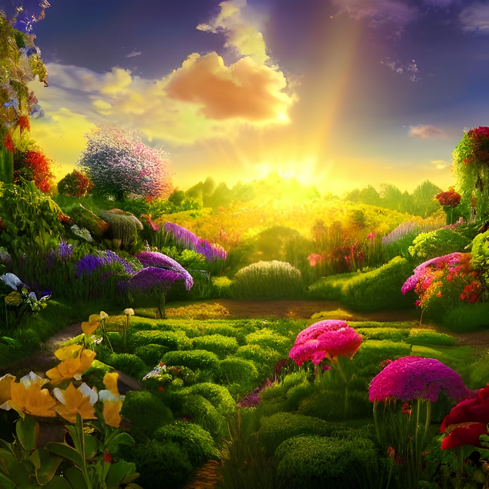 Radiant Secret Flower Garden in Golden Hour