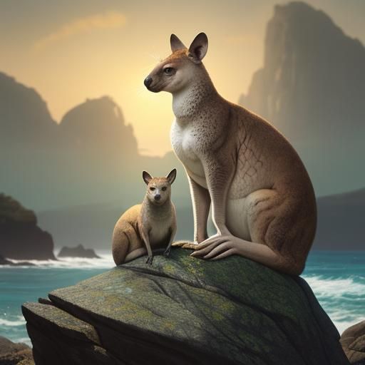 Kangaroo Seal Hybrid on Rocky Coastline in Digital Art