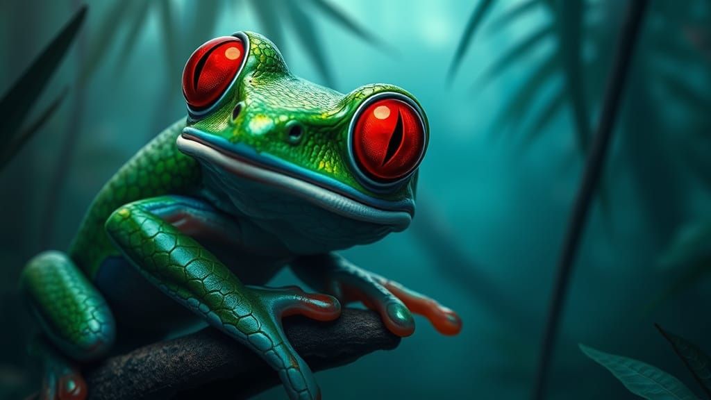 Hybrid Frog Lizard with Vibrant Red Eyes in Misty Rainforest