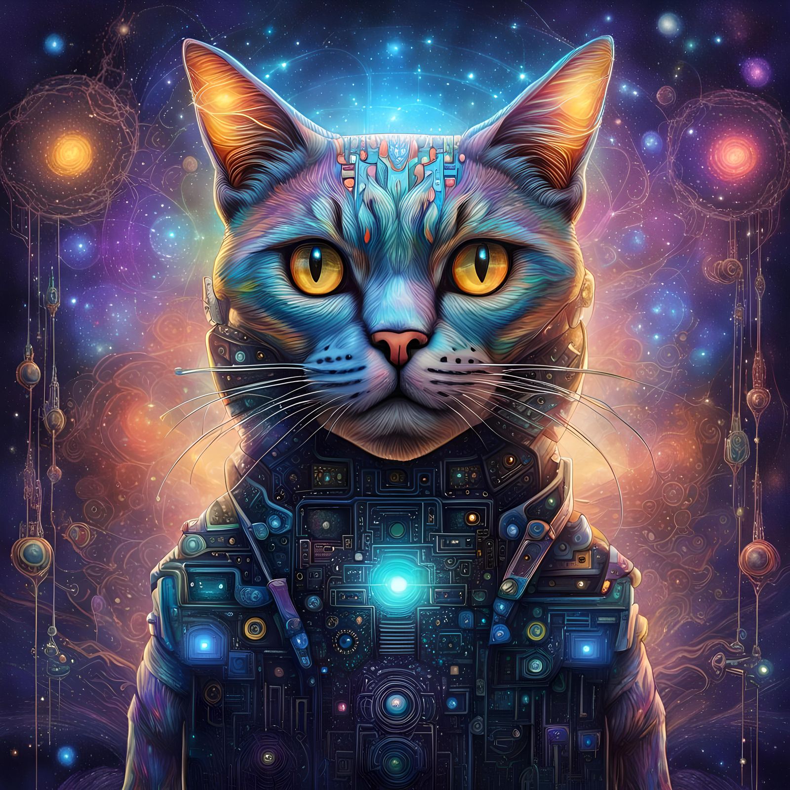 Holographic Robot Cat Overseeing Humanity in Astral Illustra...