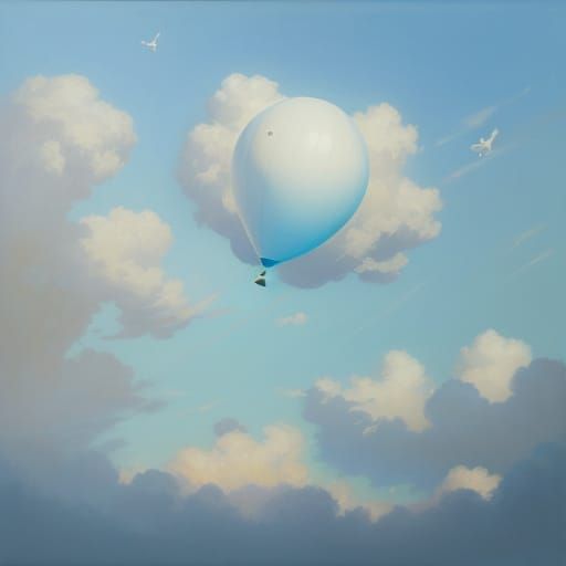 Person Releases Balloon into Serene Sky - Oil Painting