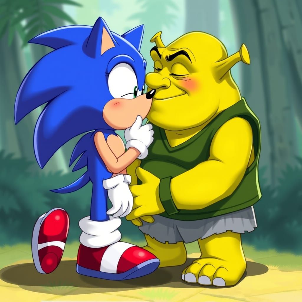 Sonic and Shrek Kiss in Anime Style