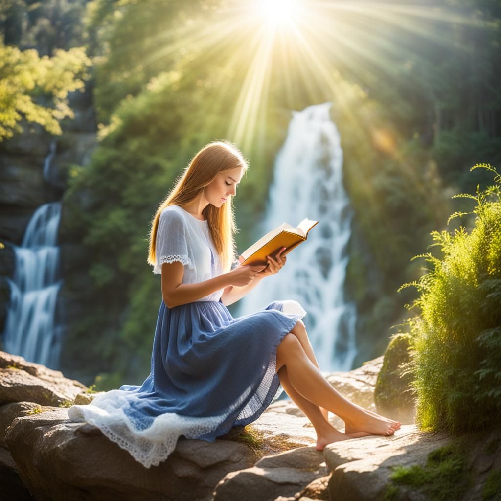 Woman Reading by Waterfall in Divine Light