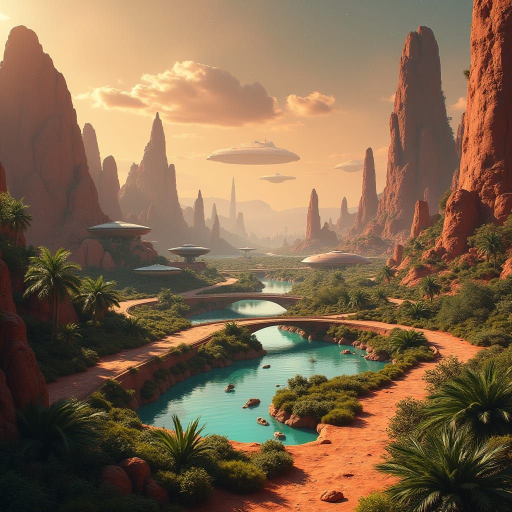 Mars Colony in a Futuristic, Terraformed Landscape