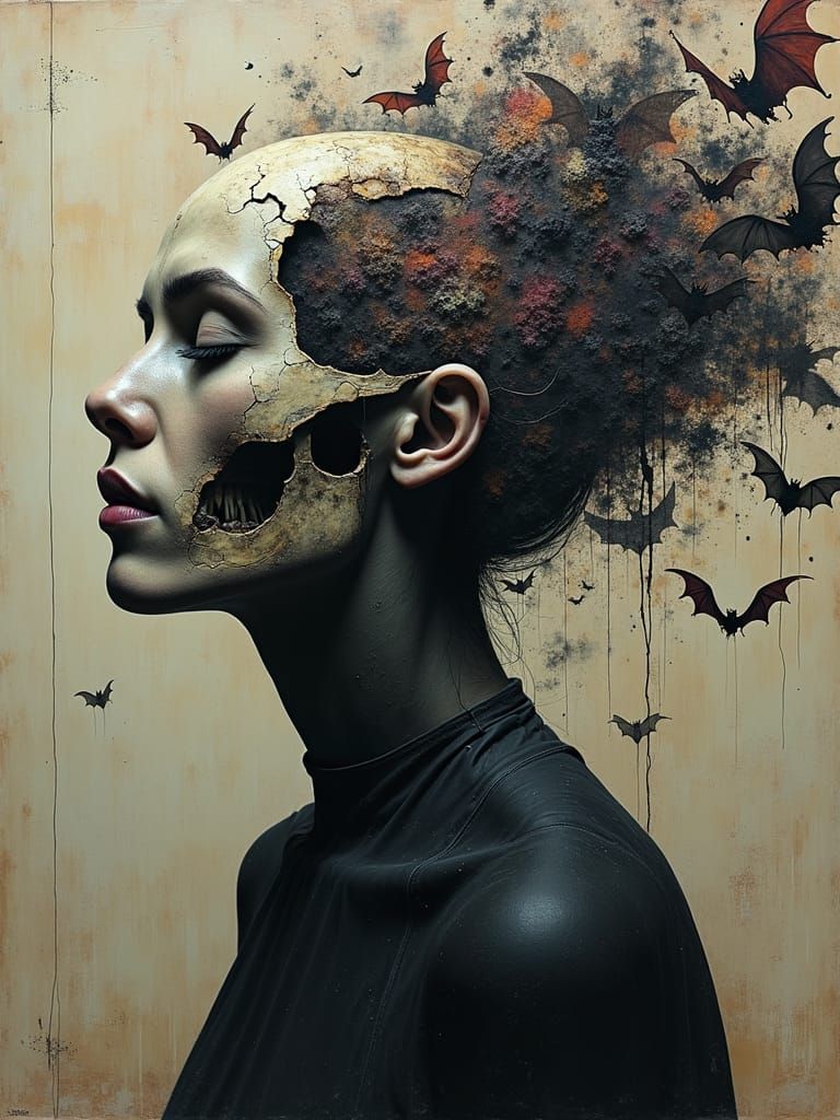 Portrait of a woman, cracks in her skin reveal skull and bat...