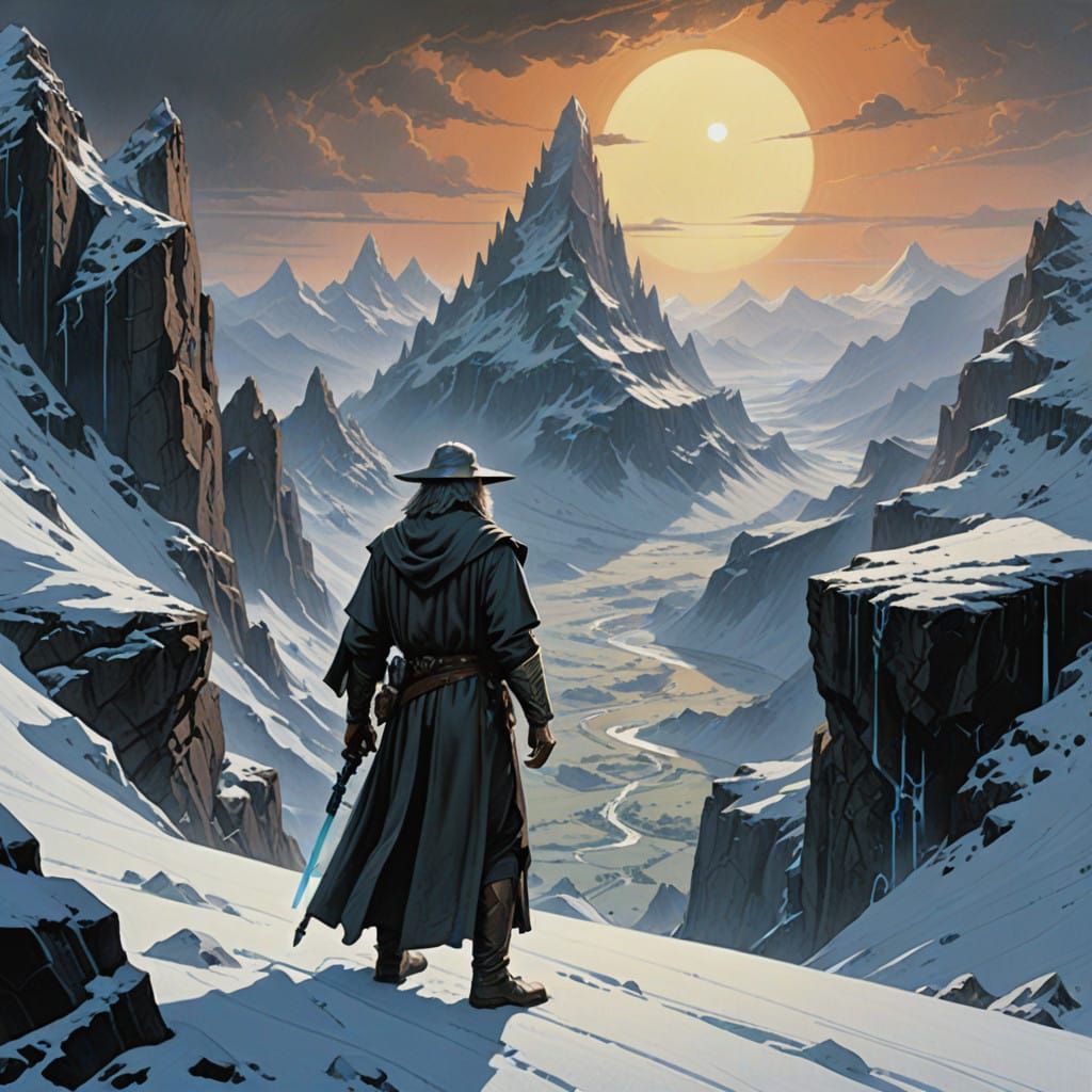 Jedi Master Wields Lightsaber Amidst Middle-earth Landscape