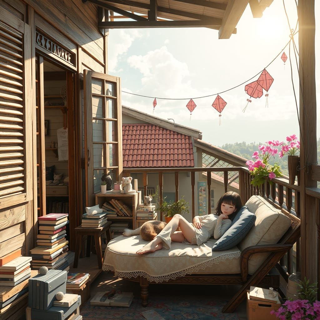 Asian Girl on Terrace in Art Nouveau Style