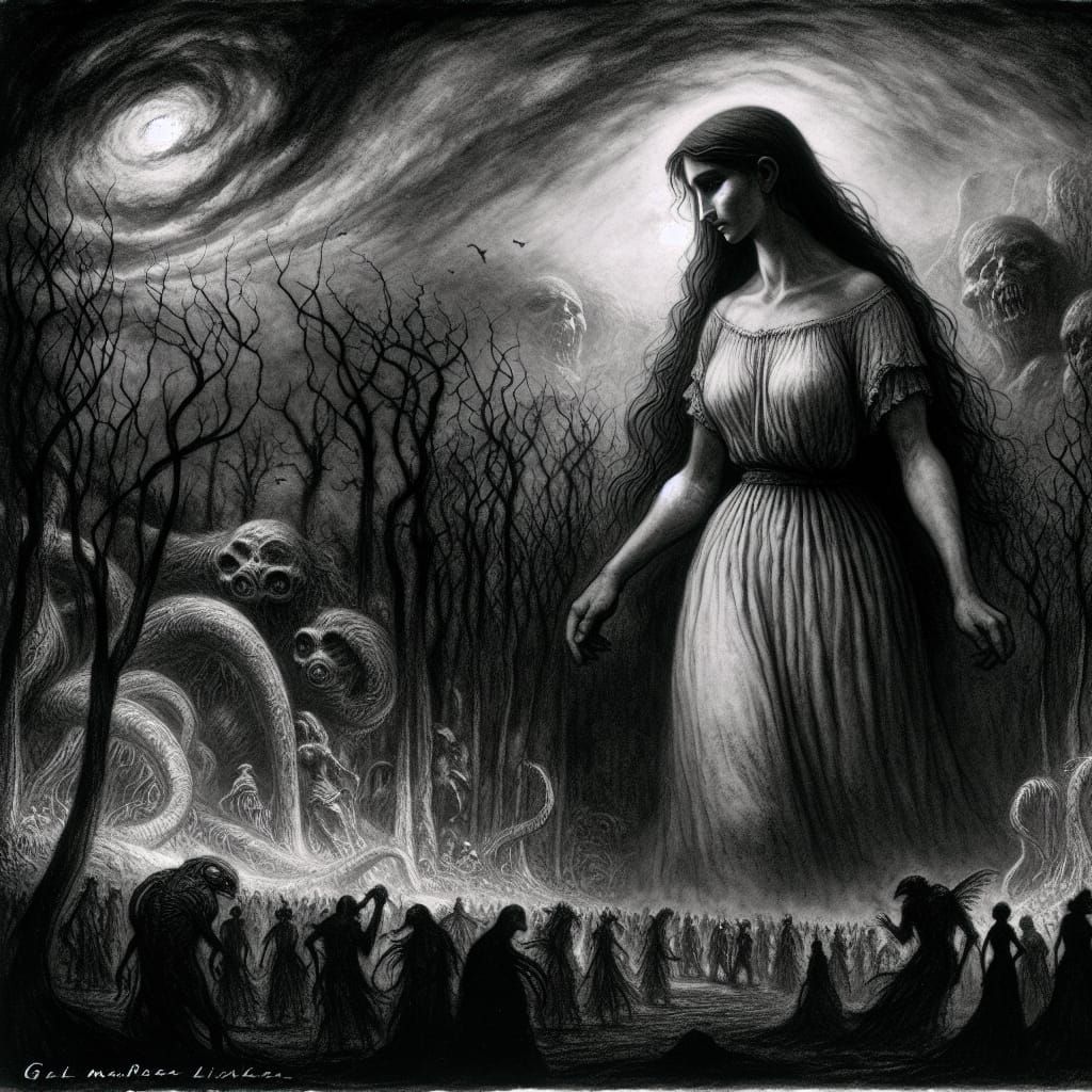 Giant Hispanic Woman in Ominous Landscape