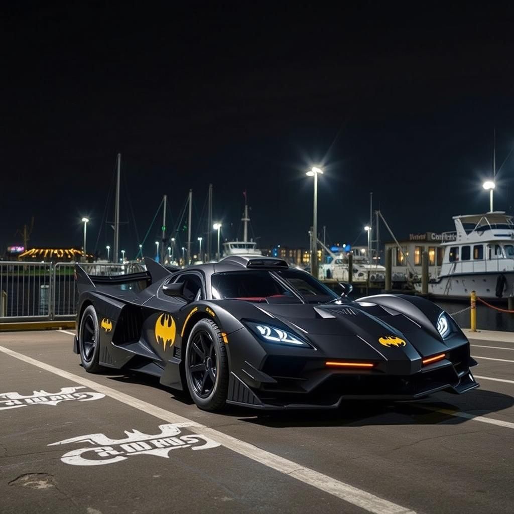 Batmobile on Docks at Night, Gotham City