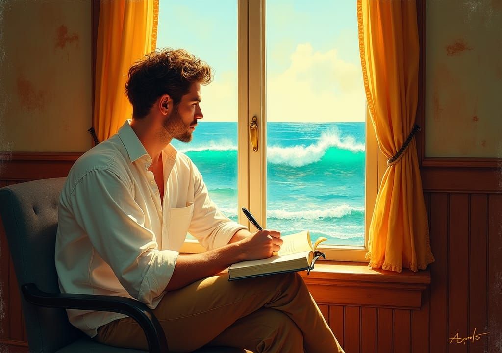 Writer in Golden Light, Impressionistic Style