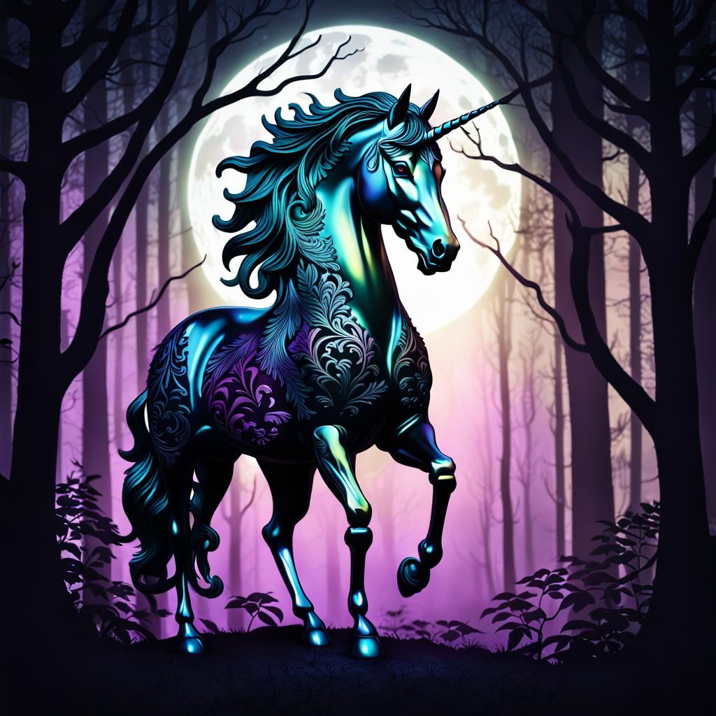 Iridescent Metal Unicorn in Moonlit Forest