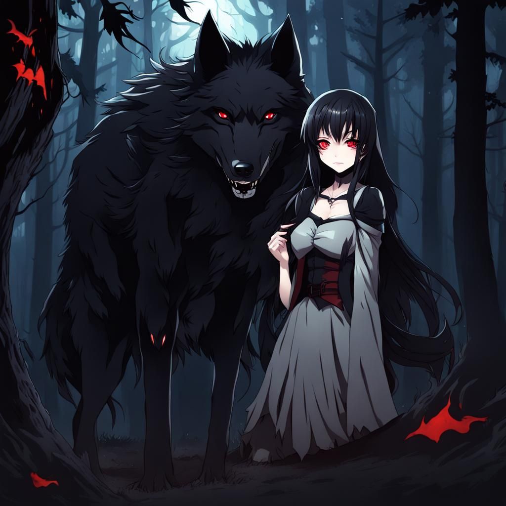 Vampire Girl and Black Wolf in Anime Style