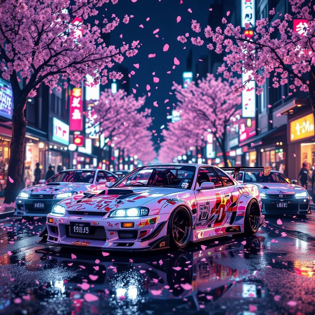Custom Bosozoku Cars in Neon Street with Cherry Blossoms