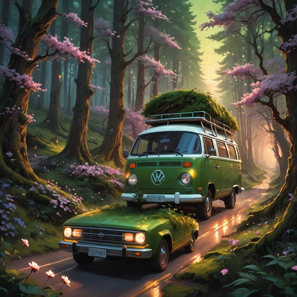 Fantasy Campervan with Fairy in Forest Landscape