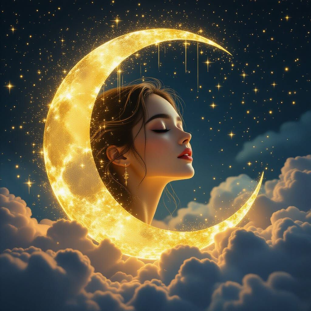 Celestial Dream: Golden Moon and Glitter Rain