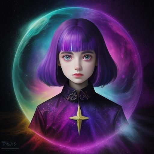 Violet Sorceress Flying in a Magical Astral World