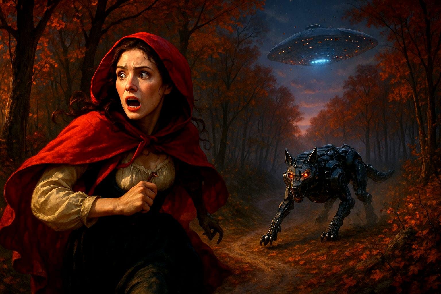 Red Riding Hood Chased by Robotic Wolf in Woods