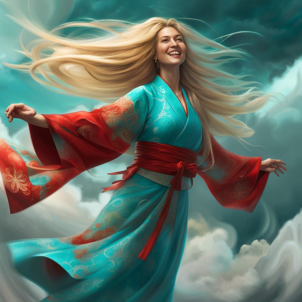 Blonde Woman in Kimono with Wind Powers, Fantasy Art