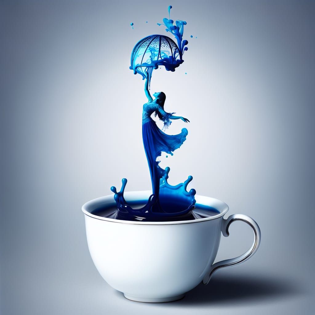 Blue Ink Woman Dancing Over Cup: Photorealistic Image