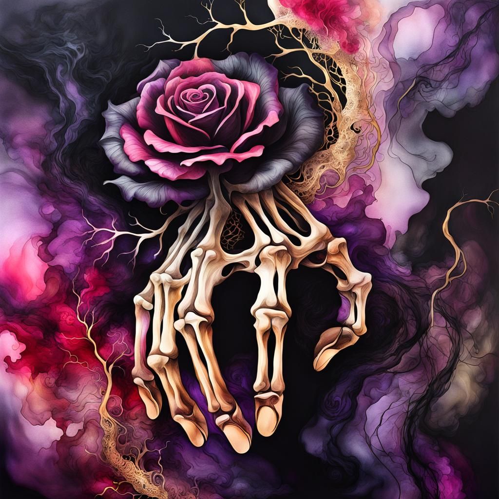 Macabre Skeleton Hand with Rose: Alcohol Ink Art