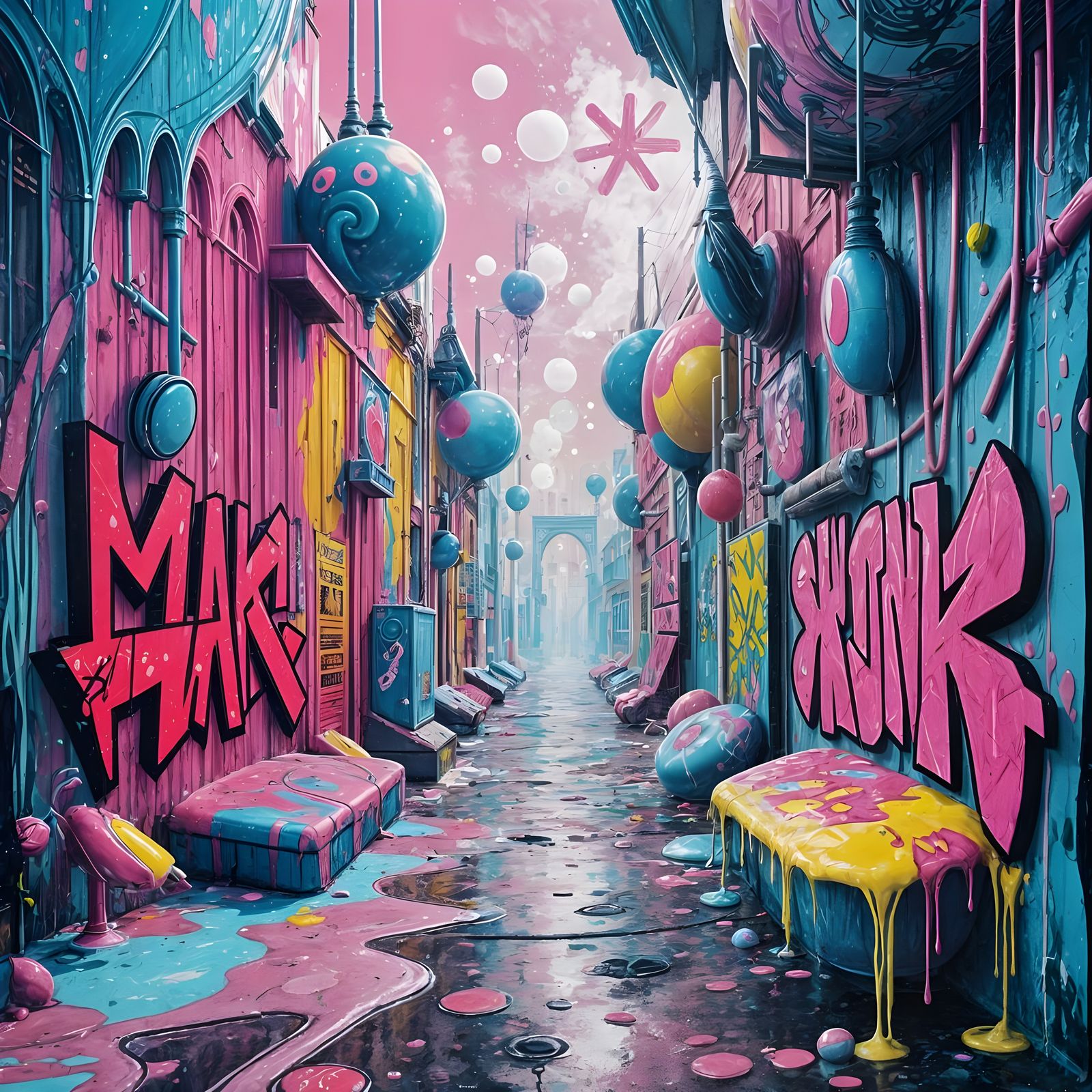 Vibrant Bubblegum Dreamscapes in Graffiti Art Style