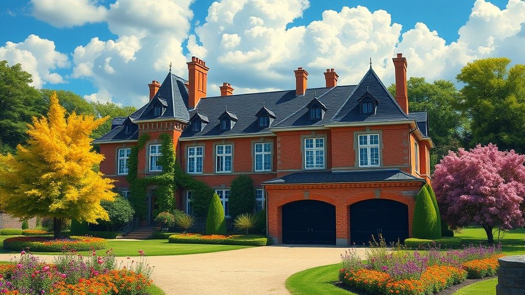 Grand Brick Chateau with Vibrant Gardens and Painterly Style