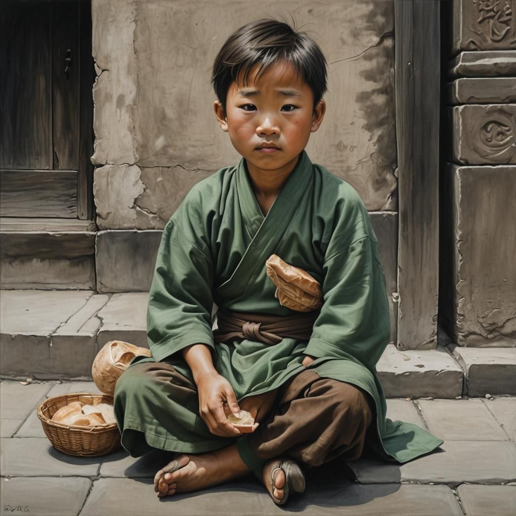 Sad Chinese Boy Begging: Charcoal Drawing