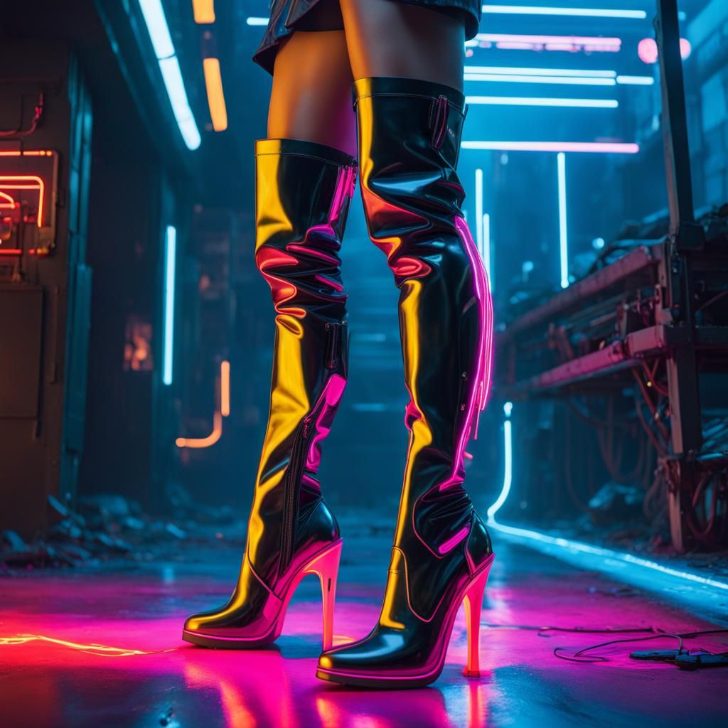 detailed neon thigh high boots wit liquid, circuits, sparks, cyberpunk 2099 blade runner 2049 neon