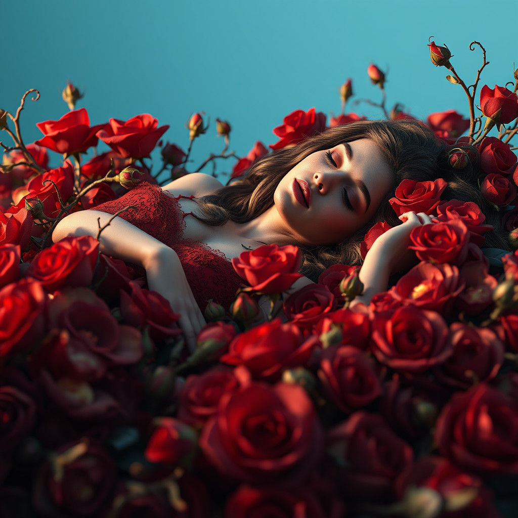 Woman in Bed of Roses: Ethereal Fantasy Art