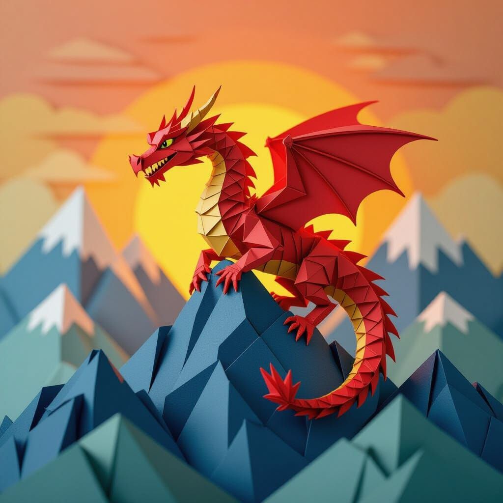 Origami Dragon on Paper Mountains at Sunset